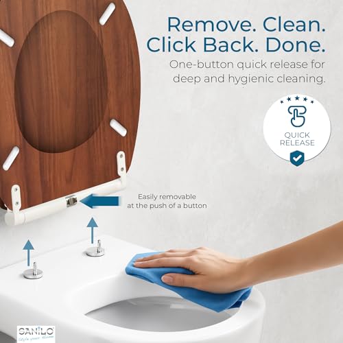 Image of Sanilo Wooden Toilet Seat with Quick Release & Soft Close [ROUND] - Decorative & Slow Close Molded Wood Seat - With One Click for Easy Installation & Cleaning - With Adjustable Fit (Mahogany)