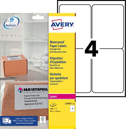 Avery Weatherproof Shipping Labels Laser 4 Per Sheet 99.1X139Mm Ref L7994-25 [100 Labels]