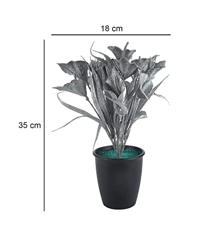 Image of Foliyaj Artificial Silver Artificial Tulip Plant in Black Pot for Interior Decor | Faux Plant for Desks, Shelves and Side Tables for Your Home and Office | Fake Plants for Indoor Decoration