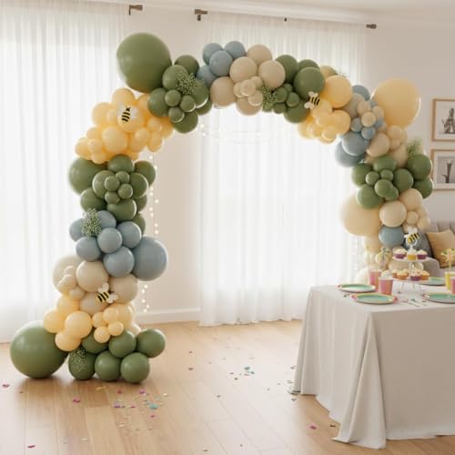 Image of 184Pcs Classic Cartoon Balloon Garland Arch Kit - Classic Bear Theme Party Decorations with Blue Yellow Sage Green Sand White Balloons for Baby Shower Girl Boy Birthday Party Decorations