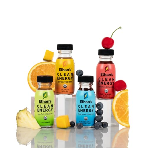 Image of Ethan's Organic Clean Energy Shots Variety Pack, 24 Pack of 2oz | 150-200mg Caffeine | 4 Organic Flavors | Green Tea, Guayusa, Lion's Mane & Cordyceps | Sugar-Free, Vegan, Gluten-Free, USDA Organic