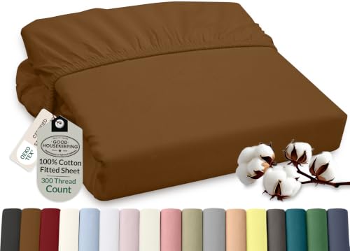 Image of ROYALE LINENS 300 Thread Count 100% Long Staple Combed Cotton Fitted Sheet Twin - Super Soft Deep Pocket Bottom Sheet - Fitted Sheets Only - Elastic Sheets (Twin, Chocolate)