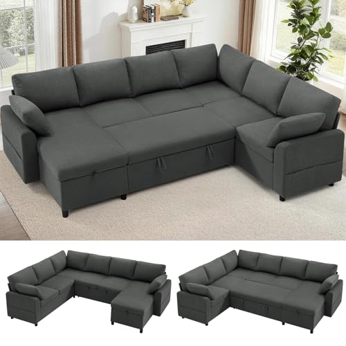 Image of 112 inch Fabric Sectional Sofa w /Pull Out Bed & Storage Chaise, Grey