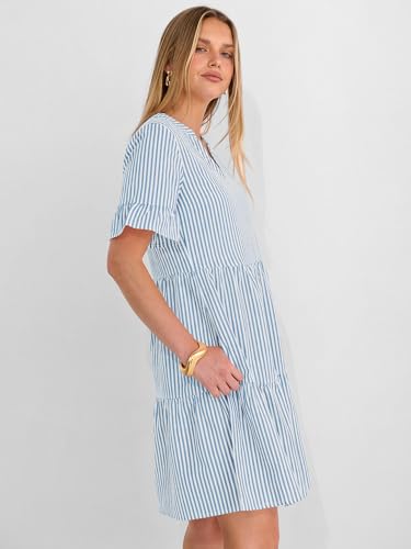 Image of Caracilia Dresses for Women Summer 2026 Striped V Neck Ruffle Sleeve A Line Tiered Flowy Casual Mini Beach Dress with Pockets