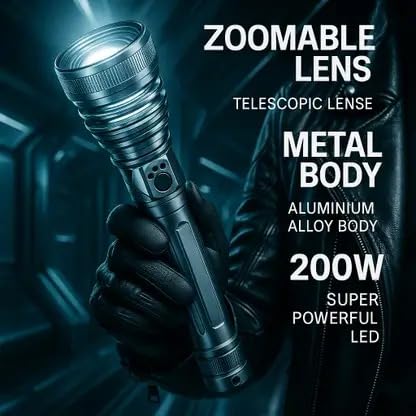Image of 982 LED Torch with 200W Laser | 5 Light Modes & Zoomable Telescopic Lens | Rechargeable Long Range Flashlight | Heavy Duty Metal Torch for Outdoor & Emergency (Multicolor, 30 cm)