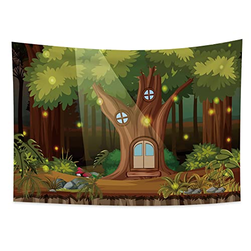 YongFoto 150x100cm Forêt Tapisserie, Dessin animé Arbre loger Tapisseries Luciole clair de lune Champignon Feuilles Herbe sauvage La campagne Tapisserie pour Chambre Salon Dortoir Décor Cover