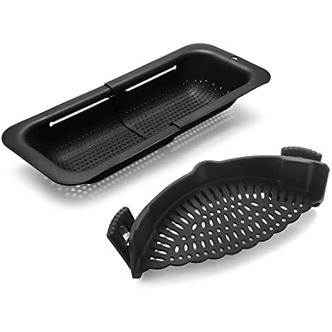 Adjustable Over the Sink Colander Strainer, Silicone Clip On Strainer for Pots Strainers and Colanders Plastic Drainer Basket for Food Pasta Vegetables Kitchen, Extendable 14.5"-19.5", Black Cover