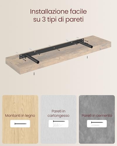 VASAGLE Mensola da Muro, Mensola da Parete, 20 x 80 x 3,8 cm, per Portafoto Decorazioni, Soggiorno Studio Cucina, Marrone Vintage LWS28BX - Immagine 5