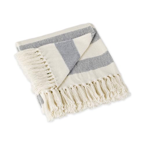 DII Rustic Farmhouse Cotton Cabana Striped Blanket Throw with Fringe, 50 x 60 - Cabana Striped Off-White with French Blue