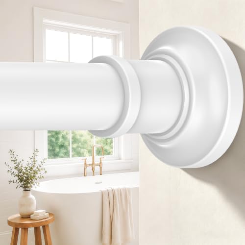 Image of Heavy Duty White Shower Curtain Rod 30-100 In AdjustableTension Curtain Rod | No Drilling for Windows Bathroom Outdoor Closet 1.1 inch Dia Spring Stainless Steel Rustproof Anti-Slip Easy Installation