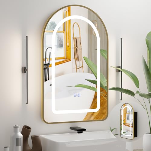 Botiquín de baño con espejo LED, espejo iluminado antivaho, montaje empotrado o superficial, sin necesidad de ensamblaje, botiquín de baño de pared (dorado, 31.5" H x 19.7" W) miniatura 1