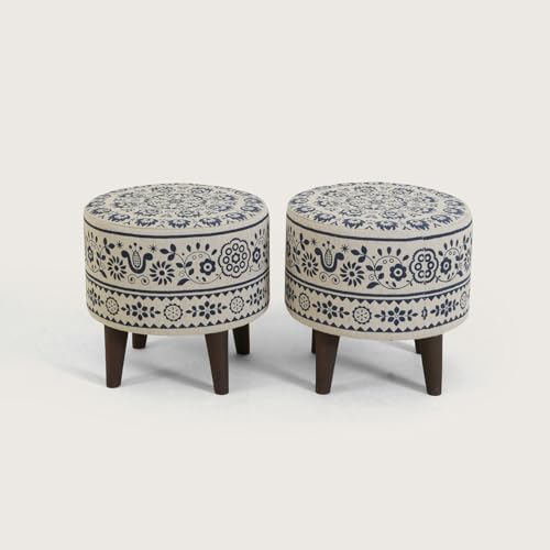 HOME 360 Floral Pattern Printed Fabric & Wooden Ottomans Footstools | 40X40X38 CM | Pouffe for Sitting and Footrest | Furniture for Home Decor | Dressing Table Stool | Living Room | Set of 2 | Blue