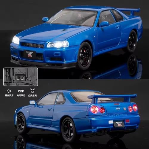 Image of 1:24 Nissan Skyline GT-R R34 Diecast Model Car, Pull Back Toy with Sound & Light, Collectible for Kids & Adults (Blue)