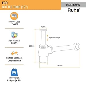 Ruhe® Brass Bottle Trap for Washbasins | Bottle Trap With Wall Flange and 12 Inches Pipe | Chrome Finish Bottle Trap for Basins and Sinks