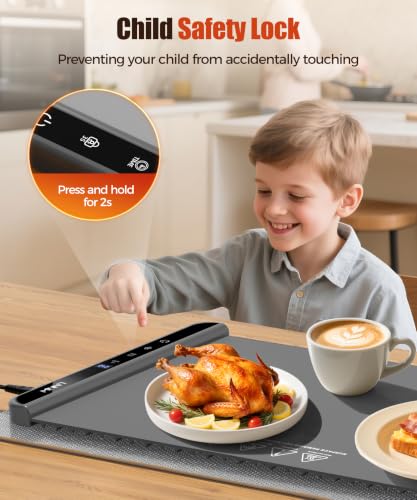 Image of Warming Mat for Food, 26x15 Inch, Dark Grey, Fast Heat, Child Lock