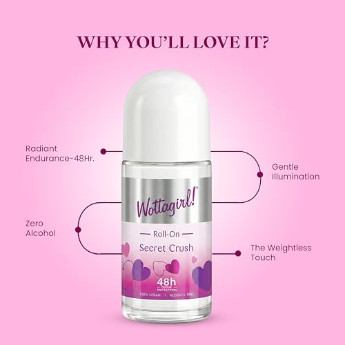 Image of Layer'r Wottagirl 100% Vegan Secret Crush Roll On for Women 50ml | Alcohol-free 48H odour protection with sweet fruity notes of mandarin, pineapple & vanilla. 100% vegan roll on.