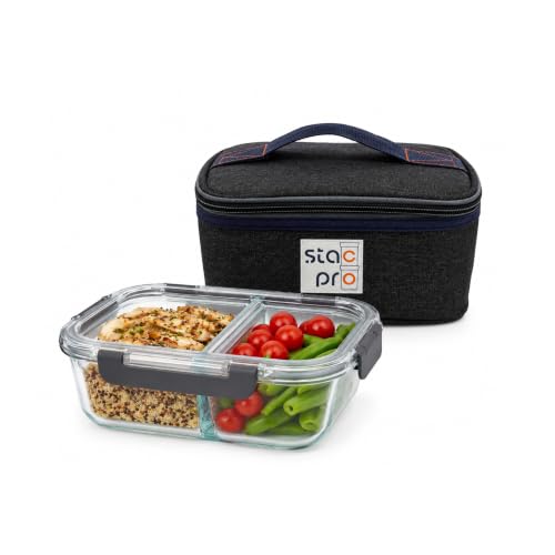 Image of 2 Compartment Glass Lunch Box with Insulated Lunch Bag | Leakproof Airtight Food Storage Container | BPA Free Meal Prep Bento Box for Office, School, College & Travel (980ml)