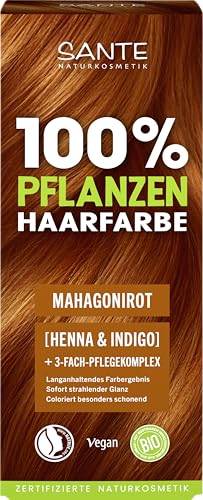 SANTE Naturkosmetik Tinte para el pelo de plantas, color caoba, 100 g, coloración natural con henna orgánica e índigo – Color de pelo sin amoniaco ni peróxidos – vegano y dermatológicamente probado