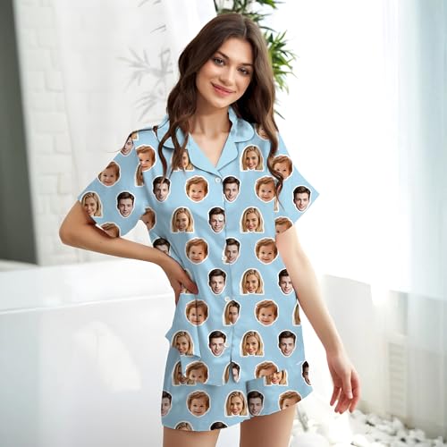 Personalized Women Pajamas Set with Photo, Custom Pet Face Button Down Pajamas Lounge, Gifts for Wife Girlfriend Mom3