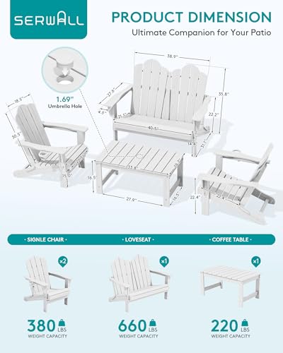 Image of SERWALL 4-Pc HDPE Adirondack Set, 2 Chairs, 1 Bench & 1 Coffee Table, White