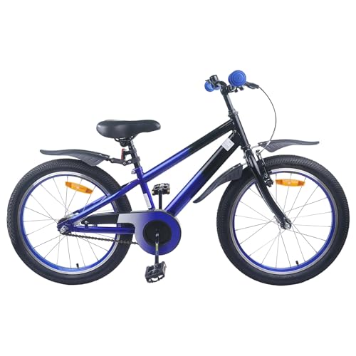 Runheo Bicicleta infantil de 18 pulgadas, marco de acero azul y negro con freno, guardabarros y timbre para 5-7 años de edad, sillín ajustable, rueda ligera de 10,9 kg para ciudad, parque y