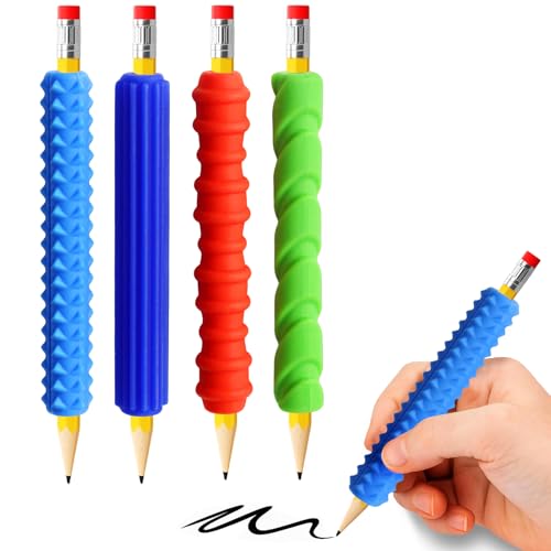 BTFSZ Pencil Grips 4-Pack Textured Silicone Sleeves for Mechanical Pencils Sensory Fidget ADHD Tool for Kids and Adults Quiet Fidget Tools for Classroom Focus Anxiety Relief (Colorful)