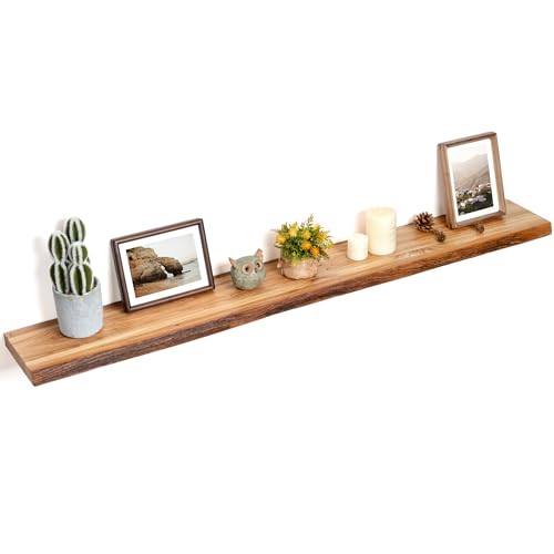 Image of Floating Shelves for Wall Decor, Rustic Solid Elm Wood Live Edge Floating Shelves Wall Mounted, Wall Shelves with Invisible Bracket for Living Room Bathroom Bedroom Kitchen, 55 Inch, Natural
