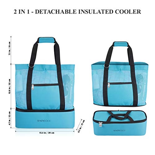 TENDYCOCO Mesh Beach Bag with Insulated Cooler Zipper 2 in 1 Pool Tote Bag Sandproof Women (Blue)3