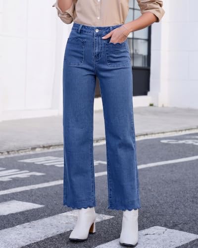 GRAPENT Jeans for Women Scalloped Straight Leg Ankle Stretchy Denim Pants - image 2