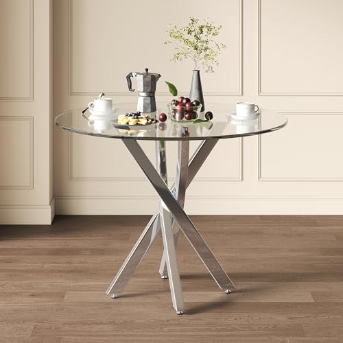 OKMYHOME   Mesa de comedor redonda moderna con bandeja de cristal templado y patas de metal galvanizado, 80 x 80 x 75 cm, color plateado