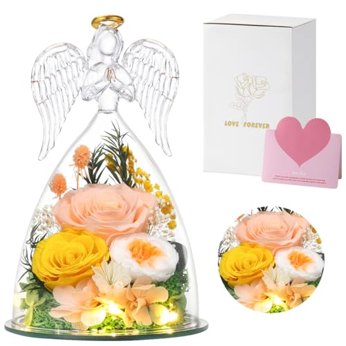 Emibele Rosa Natural Conservada en Escultura Angélica de Cristal, Flor Eterna en Ángel de Vidrio con Iluminación LED, Detalle Romántico de Rosas para Mujer en Cumpleaños Día de los Enamorados,Champán​