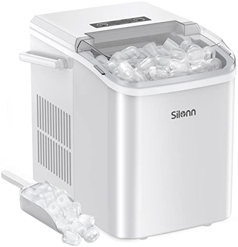 Silonn Countertop Ice Maker Machine with Handle, Portable Makers Countertop, Makes up to 27 lbs. of Per Day, 9 Cubes in 7 Mins, Self-Cleaning Scoop and Basket, White, 12 x 9 x 12 inches (SLIM06B)