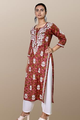 Image of KASANI Hand Embroidery Plus Size Chikankari Kurta for Women Rayon Straight Chikan Kurti