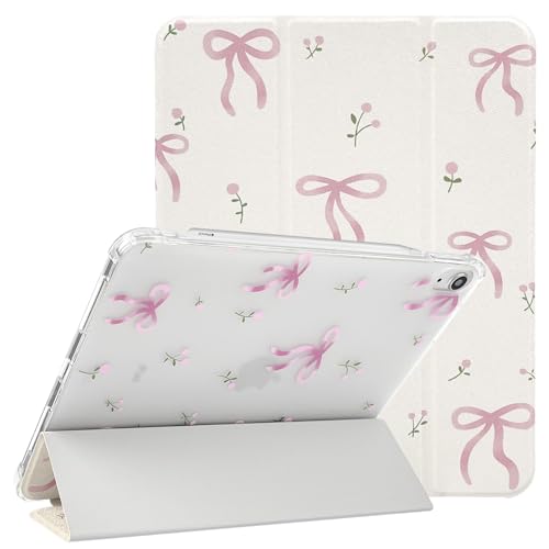 Lovmooful Compatible for iPad 11th 11-Inch A16 (2025) iPad 10 (10.9-Inch 2022 Model 10th Generation) Case with Pencil Holder Cute Bowknot Flower Design Soft TPU Trifold Stand Protective-White&Pink