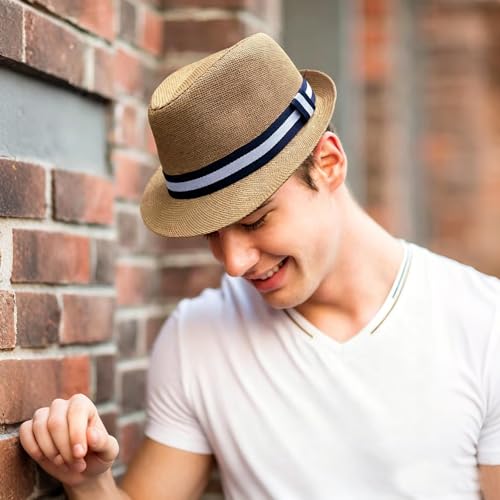 Image of 2 Pack Straw Fedora Hats for Men and Women, Short Brim Summer Beach hat, Trilby Panama Sun Hats.