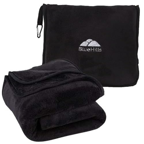 Image of BlueHills Premium Soft Tall Travel Blanket Pillow Airplane Flight Blanket Long Throw in Bag Pillowcase with Backpack Clip Compact Large Long Traveling Essentials Portable Black T054