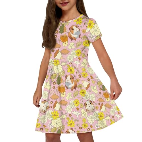 Kids Short Sleeve Dress for Girls 2-14Y Summer Crewneck Midi Dresses Casual Swing Dress with Pockets