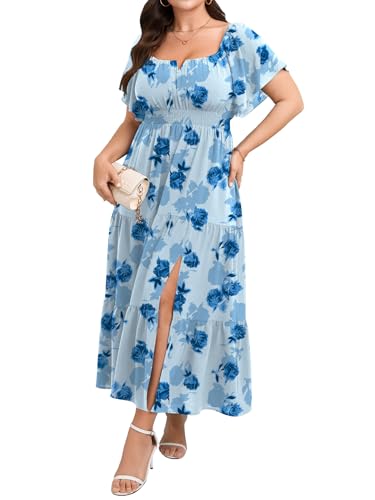Image of SCOMCHIC Womens Plus Size Maxi Dress Formal Short Sleeve Square Neck Smocked Side Split Flowy A Line Tiered Long Dress