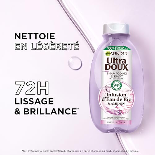 Garnier Ultra Doux - Shampooing Lissant Douceur & Brillance à l'Infusion d'Eau de Riz - Cheveux Rebelles et Indisciplinés - 250 ml – Image 3