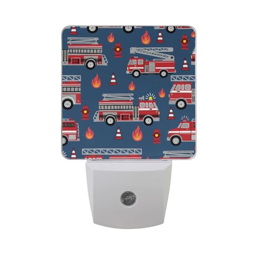 Image of Fire Trucks Night Lights 2 Pack Plug-in Wall Led Nightlight Auto Dusk-to-Dawn Sensor Lamps for Bedroom Kitchen Bathroom Hallway Stairs