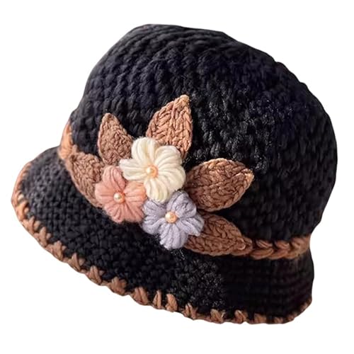 Muorruo French Thicken Mujeres Flores Sombrero de Punto Elegante Gorro de Dama Sombrero de Cubo de Ganchillo para el Invierno, Sombrero Vintage de Flores Ganchillo Sombrero Hueco Sombrero de