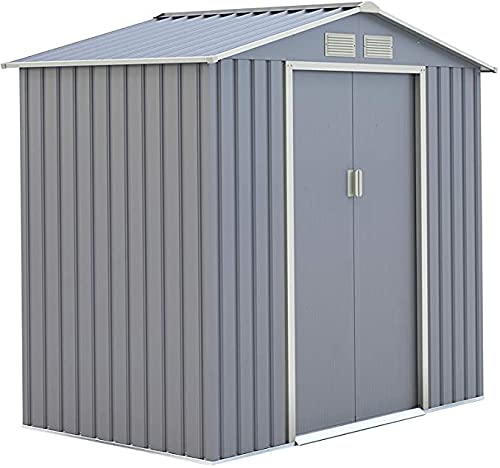 Genz Garden Metal Shed - Spacious, Perfect for Storing Bicycles, Patio Furniture, Garden Tools. Garage Organizer, Weather Resistant, Lockable with Padlock (Grey, 4X7)