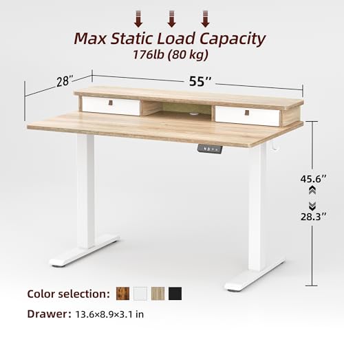 Image of TIQLAB Standing Desk with Two Drawers, Stand Up Standing Desk Adjustable Height, Electric Sit Stand Table with Storage Shelf and Splice Board, 55 * 28 inch, Maple