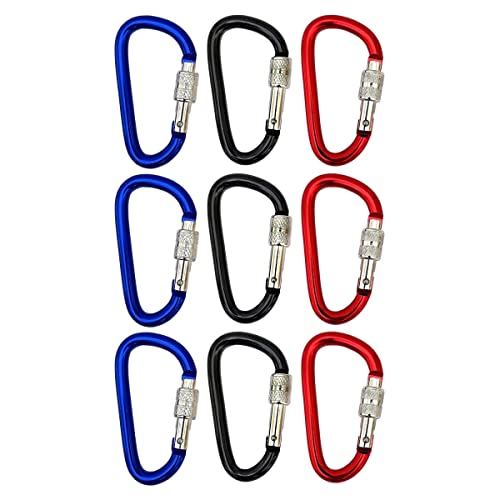 Aluminum Lightweight Spring Snap D-Ring 2.75 inch Carabiner Clips with Screw Gate Locking, 9-Pc Pack