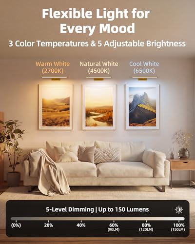 EZVALO Picture Light for Wall, 4800mAh Rechargeable Wireless Remote, 16in Dimmable Magnetic LED Art Display Light with 3 Color Temperatures, for Gallery, Living Room, Bedroom, Hallway (Gold)