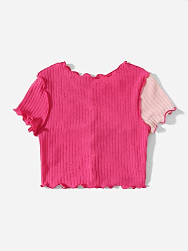 Image of Milumia Girl's Rib Knit Color Block Crop Tee Short Sleeve Lettuce Trim Crewneck Tshirt