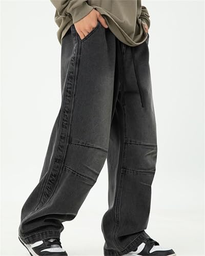 Men's Straight Leg Jeans Casual Drawstring Elastic Waist Denim Pants Loose and Minimalist Retro Style2