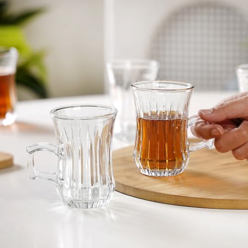 Image of Nestasia Set of 6 Transparent Glass Tea Cups (150ml Each) - Stripped Embossed Durable & 100% Food-Safe Coffee Mugs | Perfect for Coffee, Tea, Hot & Cold Beverages