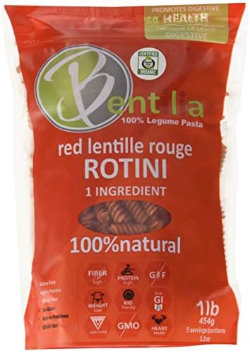 Bentilia Organic Gluten-free Lentil Pasta, Red Lentil Rotini Organic - 1 lb, Bag; 100% Natural, Low Glycemic Index, High Protein & Fiber, Non-GMO, Kosher Pasta