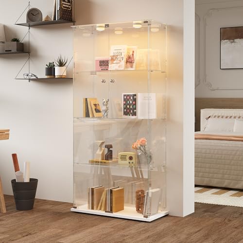 BRILVERDE Vitrina de cristal con iluminación de 4 niveles, vitrina de cristal con LED, armario de almacenamiento vertical, con cerradura de seguridad para salón, dormitorio (blanco-1)